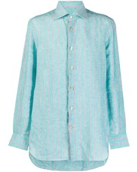 Chemise à manches longues en lin à rayures verticales turquoise Kiton