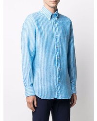 Chemise à manches longues en lin à rayures verticales turquoise Finamore 1925 Napoli