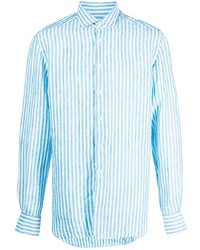 Chemise à manches longues en lin à rayures verticales turquoise Xacus