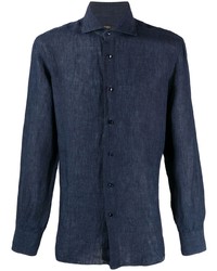 Chemise à manches longues en lin bleu marine Barba