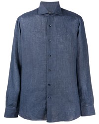 Chemise à manches longues en lin bleu marine Barba