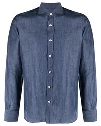 Chemise à manches longues en lin bleu marine Canali