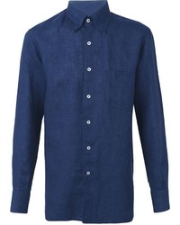 Chemise à manches longues en lin bleu marine Canali