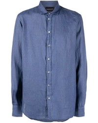 Chemise à manches longues en lin bleu marine Emporio Armani