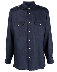 Chemise à manches longues en lin bleu marine Kiton