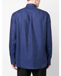 Chemise à manches longues en lin bleu marine Brioni