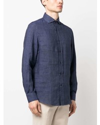 Chemise à manches longues en lin bleu marine Brunello Cucinelli