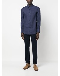 Chemise à manches longues en lin bleu marine Brunello Cucinelli