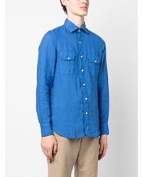 Chemise à manches longues en lin bleue Finamore 1925 Napoli