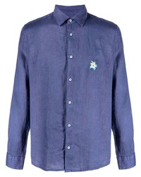Chemise à manches longues en lin brodée bleu marine Altea