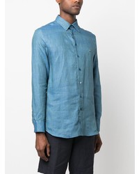 Chemise à manches longues en lin brodée bleue Etro