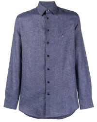 Chemise à manches longues en lin brodée bleue Etro