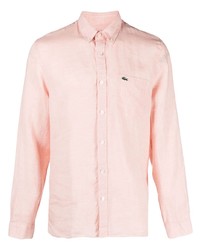 Chemise à manches longues en lin brodée rose