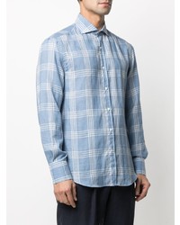 Chemise à manches longues en lin écossaise bleu clair Brunello Cucinelli