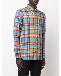 Chemise à manches longues en lin écossaise multicolore Etro