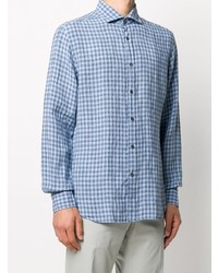 Chemise à manches longues en lin en vichy bleu clair Corneliani