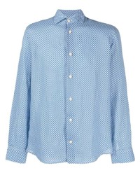 Chemise à manches longues en lin géométrique bleu clair