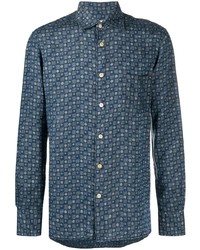 Chemise à manches longues en lin géométrique bleu marine