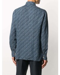 Chemise à manches longues en lin géométrique bleu marine Kiton