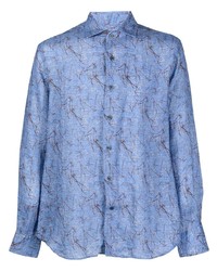 Chemise à manches longues en lin imprimée bleu clair Corneliani