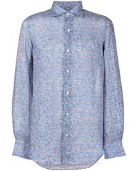 Chemise à manches longues en lin imprimée bleu clair Finamore 1925 Napoli