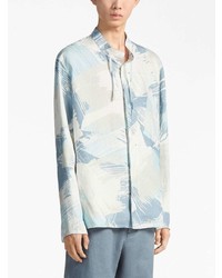 Chemise à manches longues en lin imprimée bleu clair Zegna