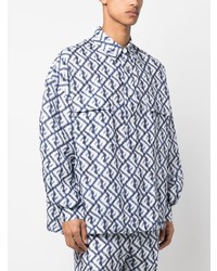 Chemise à manches longues en lin imprimée bleu marine Fendi