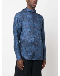 Chemise à manches longues en lin imprimée bleue Kiton