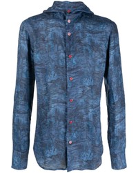 Chemise à manches longues en lin imprimée bleue Kiton