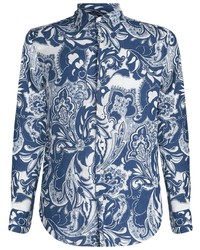 Chemise à manches longues en lin imprimée cachemire bleu marine Etro