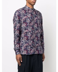 Chemise à manches longues en lin imprimée cachemire bleu marine Etro