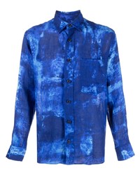 Chemise à manches longues en lin imprimée tie-dye bleue Destin