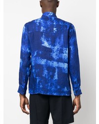 Chemise à manches longues en lin imprimée tie-dye bleue Destin