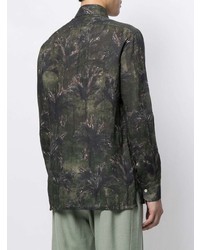 Chemise à manches longues en lin imprimée vert foncé Kiton