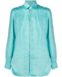Chemise à manches longues en lin turquoise Kiton
