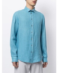 Chemise à manches longues en lin turquoise Emporio Armani
