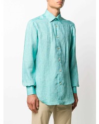 Chemise à manches longues en lin turquoise Kiton