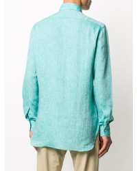 Chemise à manches longues en lin turquoise Kiton