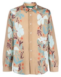 Chemise à manches longues en seersucker à fleurs marron clair