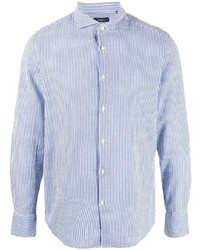 Chemise à manches longues en seersucker à rayures verticales blanc et bleu Deperlu