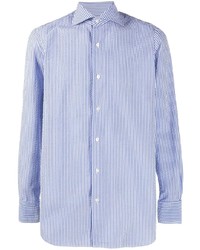 Chemise à manches longues en seersucker à rayures verticales blanc et bleu Finamore 1925 Napoli