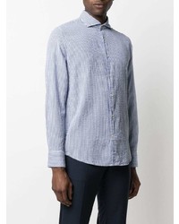 Chemise à manches longues en seersucker à rayures verticales blanc et bleu Deperlu