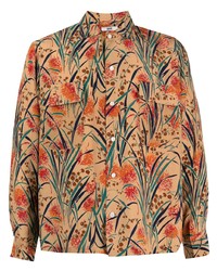 Chemise à manches longues en soie à fleurs marron clair