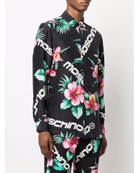 Chemise à manches longues en soie à fleurs noire Moschino