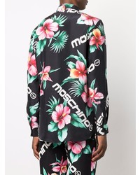 Chemise à manches longues en soie à fleurs noire Moschino