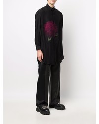 Chemise à manches longues en soie à fleurs noire Yohji Yamamoto