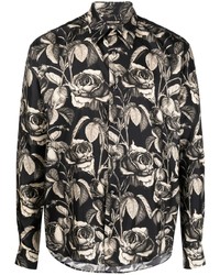 Chemise à manches longues en soie à fleurs noire Roberto Cavalli