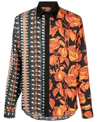 Chemise à manches longues en soie à fleurs noire Roberto Cavalli