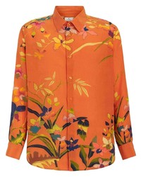 Chemise à manches longues en soie à fleurs orange