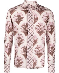 Chemise à manches longues en soie à fleurs rose